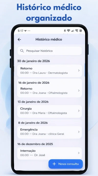 Tela do app Inoraya: Histórico médico organizado