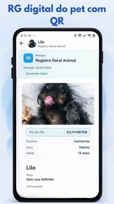 RG digital do pet emitido pela Inoraya, com foto e QR de verificação