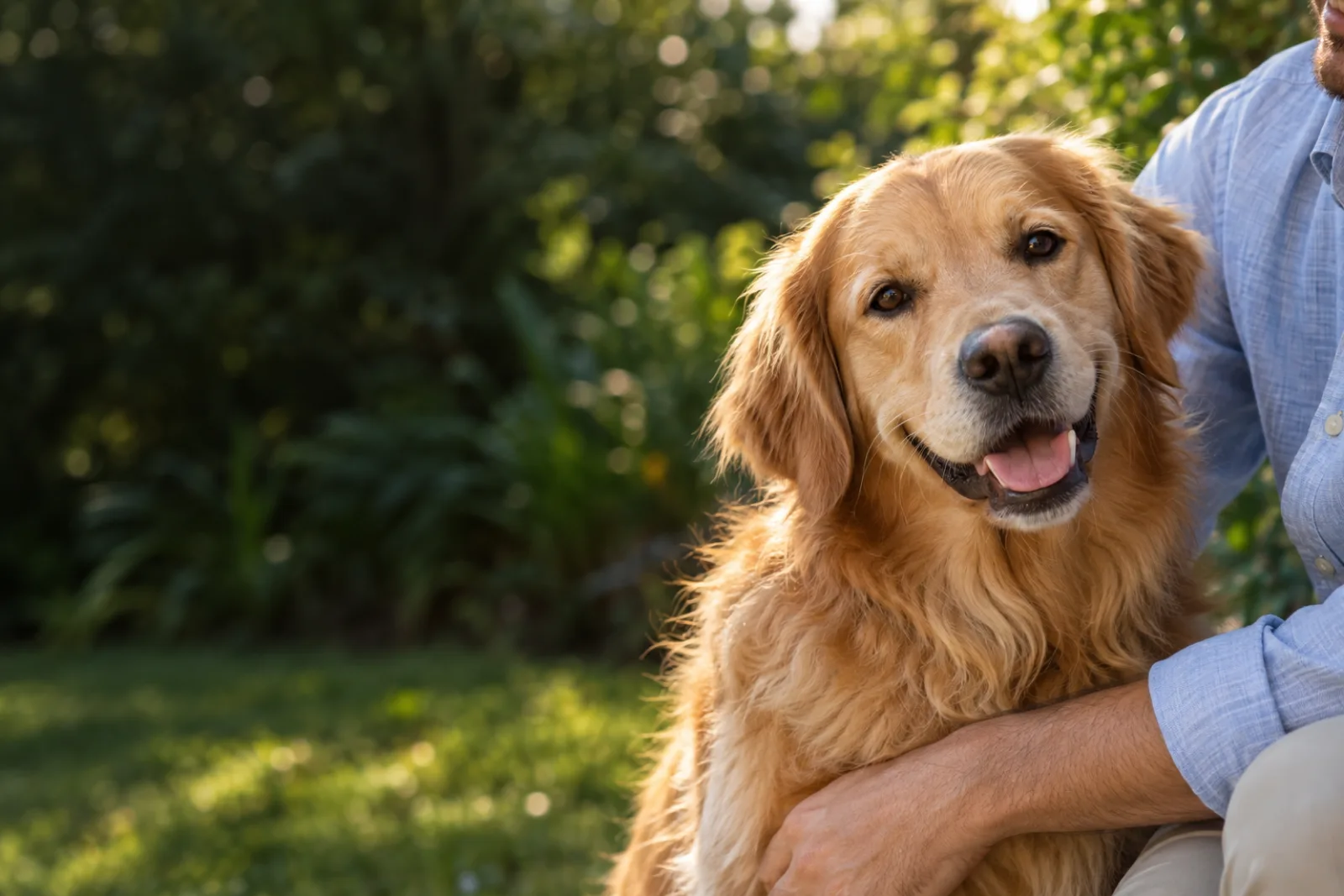 Cão golden retriever ao lado de seu tutor em um jardim